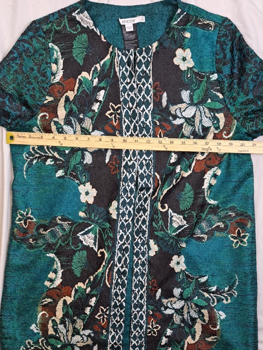 Funky Teal Lightweight Floral Tapestry Crinkle Knit Duster Coat Artsy Boho Sz L - Picture 9 of 12